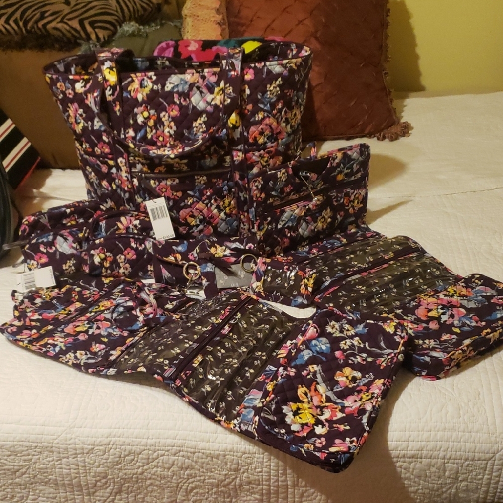 Vera Bradley 8 piece Indiana Rose Get Carried Away Tote & Cosmetic Sets